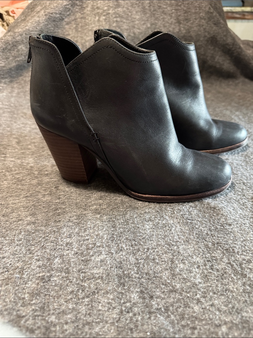 Copper Key Black Leather‎ Ankle Booties with Stacked Heel